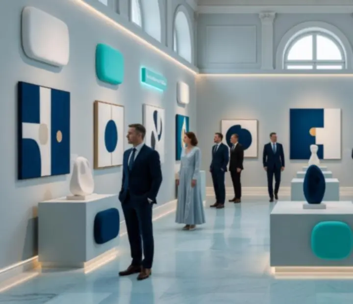 Kortárs kiállítási tér az Art Veraa kaszinógalériában, megvilágított műtárgyakkal és finom fény-árnyék játékkal.