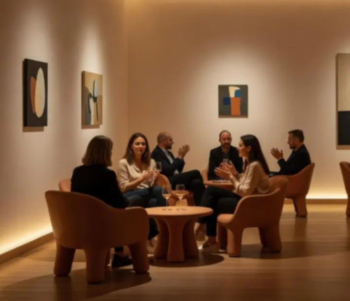 Művészek és látogatók beszélgetnek egy kulturális estén az Art Veraa kaszinó galériájában.