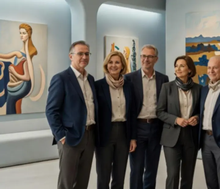 Művészek csoportportréja az Art Veraa kaszinó galériájának fényekkel átitatott terében.